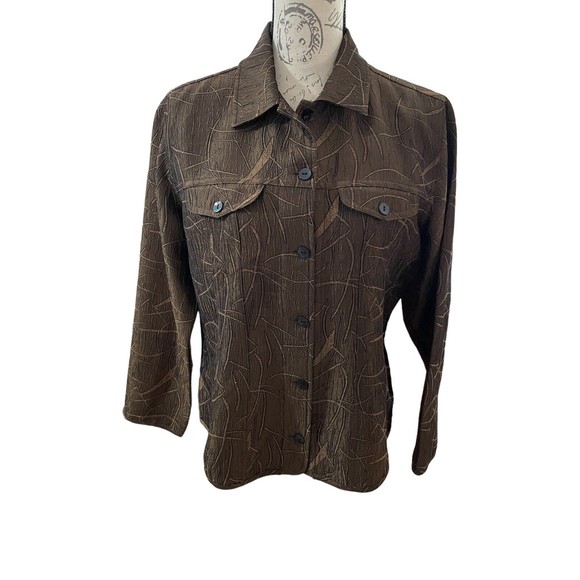 Chicos Woman’s Shaket Shirt Jacket Copper Gold Black Brown Button Front Sz1 Med - Picture 1 of 15